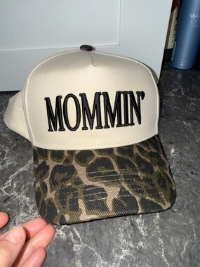 Altar'd State Cream "Mommin'" Trucker Hat with Leopard Brim